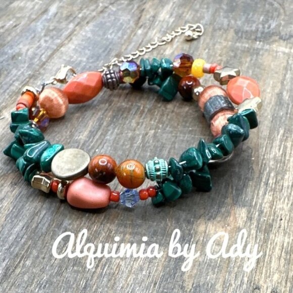 Malachite beaded handcrafted bracelet/ rustic chunky colorful brass - Picture 1 of 9